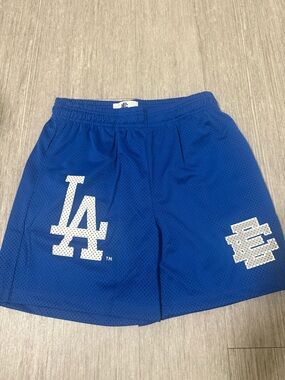 Eric Emanuel Blue Mesh LA Athletic Shorts with White Logos